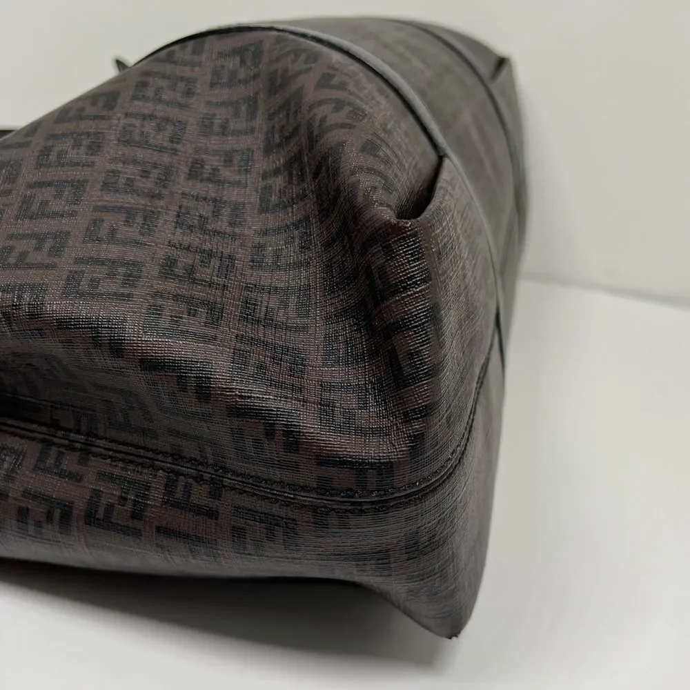 Auth FENDI Zucchino Tote Shoulder Bag Brown Black PVC Leather